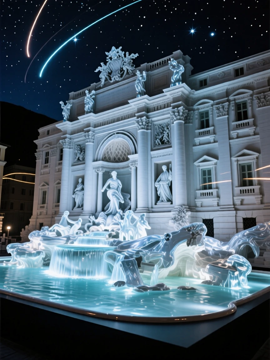 The Trevi Fountain glowing at night under a starry night sky, long soft light trails in the distance, composition emphasizing scale and grandeur.