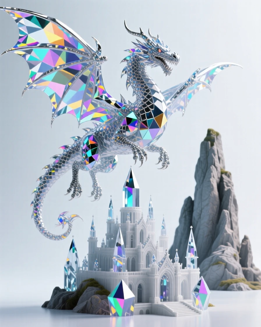 A dragon soaring above a fantasy kingdom built into towering natural rock spires.