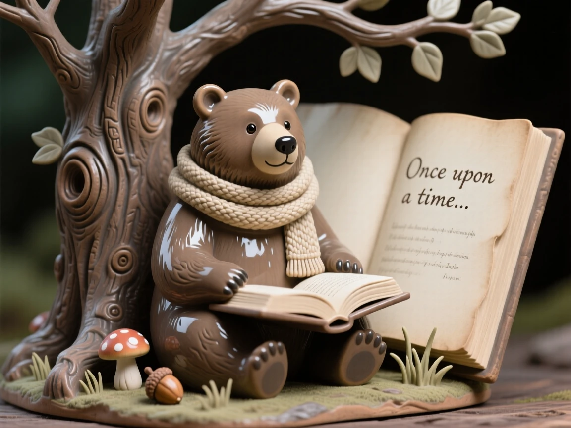 A bear in a scarf reading beneath a tree arranged as if from a beloved fairytale page, set within a cozy, detailed miniature world, conveying pure, heartwarming whimsy.