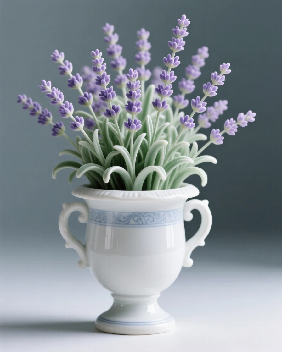 A lush arrangement of lavender sprigs in a garden urn, petals unfurling in soft layers.