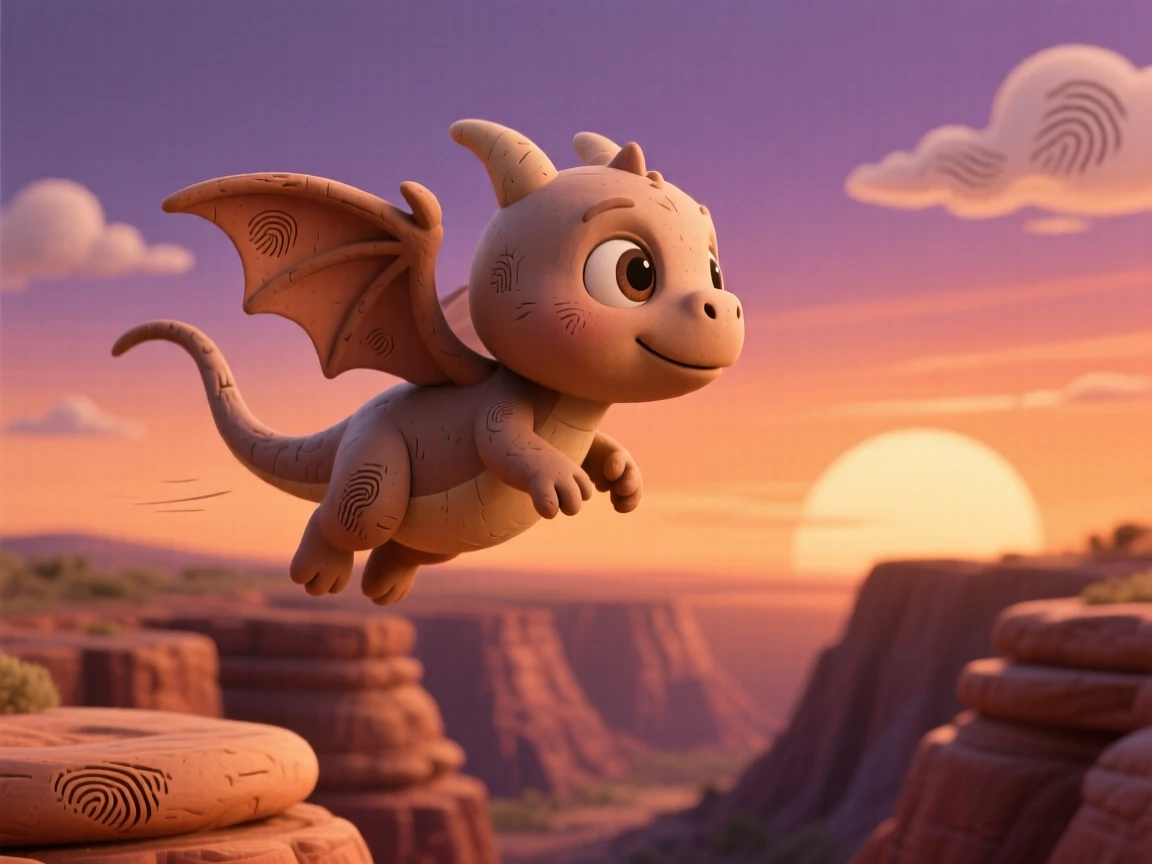 A baby wyvern learning to fly above a canyon at sunset