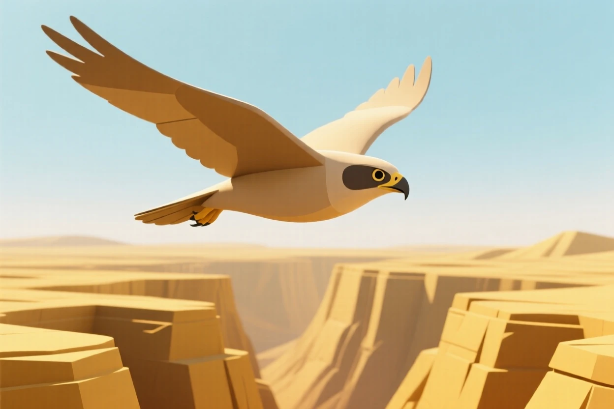 A majestic falcon dives at incredible speed, wings tucked tight as it hunts above a golden canyon.