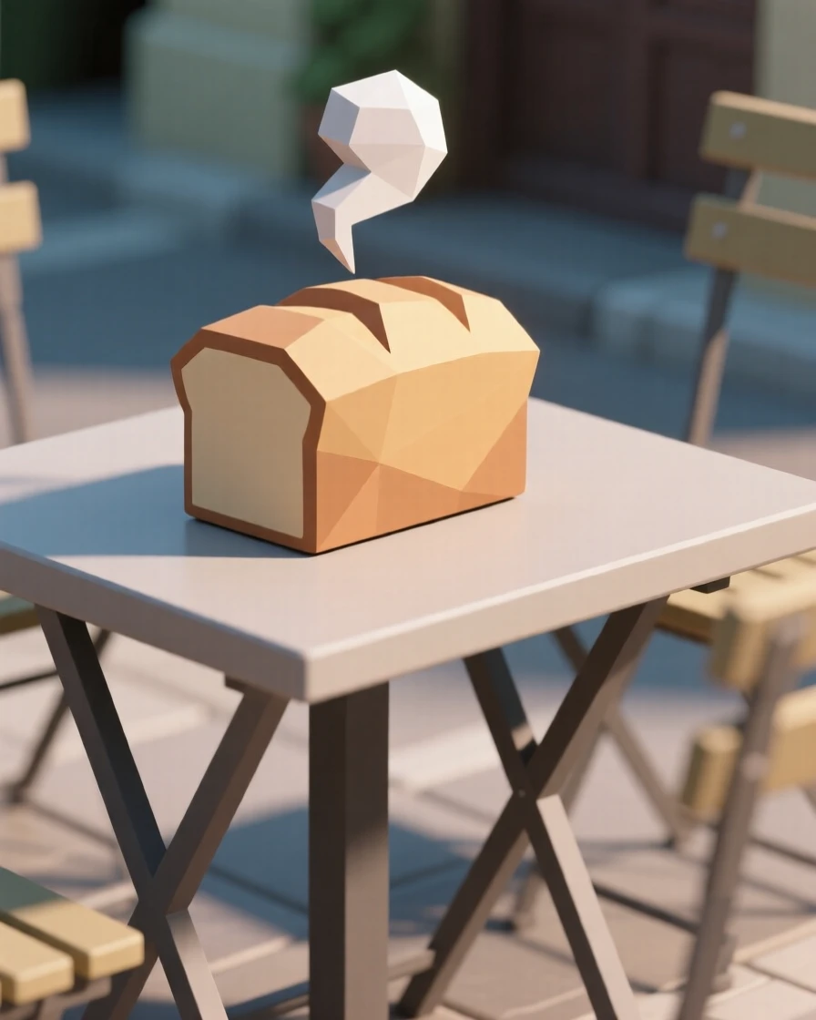 A rustic loaf of freshly baked bread, at an outdoor café table. steam rises gently, adding a sense of freshness. The setting feels indulgent and delicious.