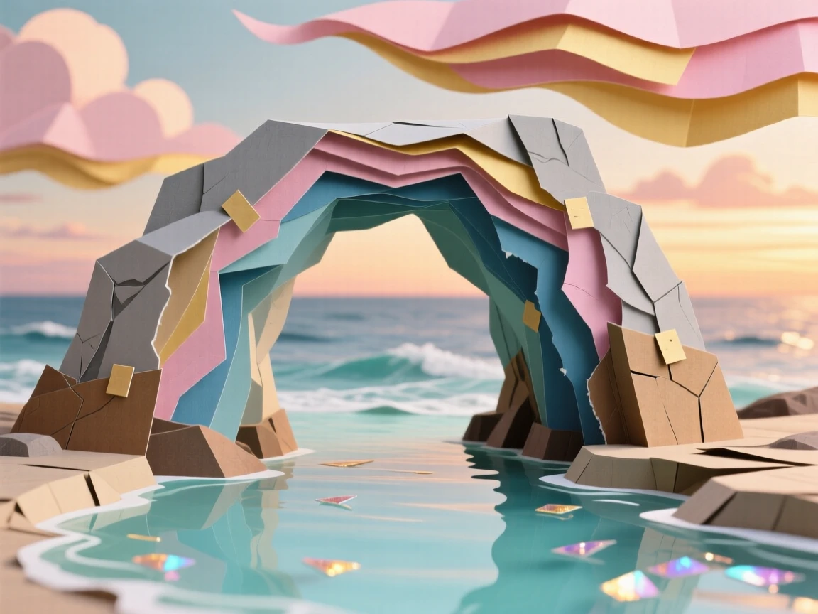 A dramatic sea arch carved by centuries of waves under a sky painted with pink and gold, with reflections shimmering on a glassy pool, conveying the quiet power of the natural world.