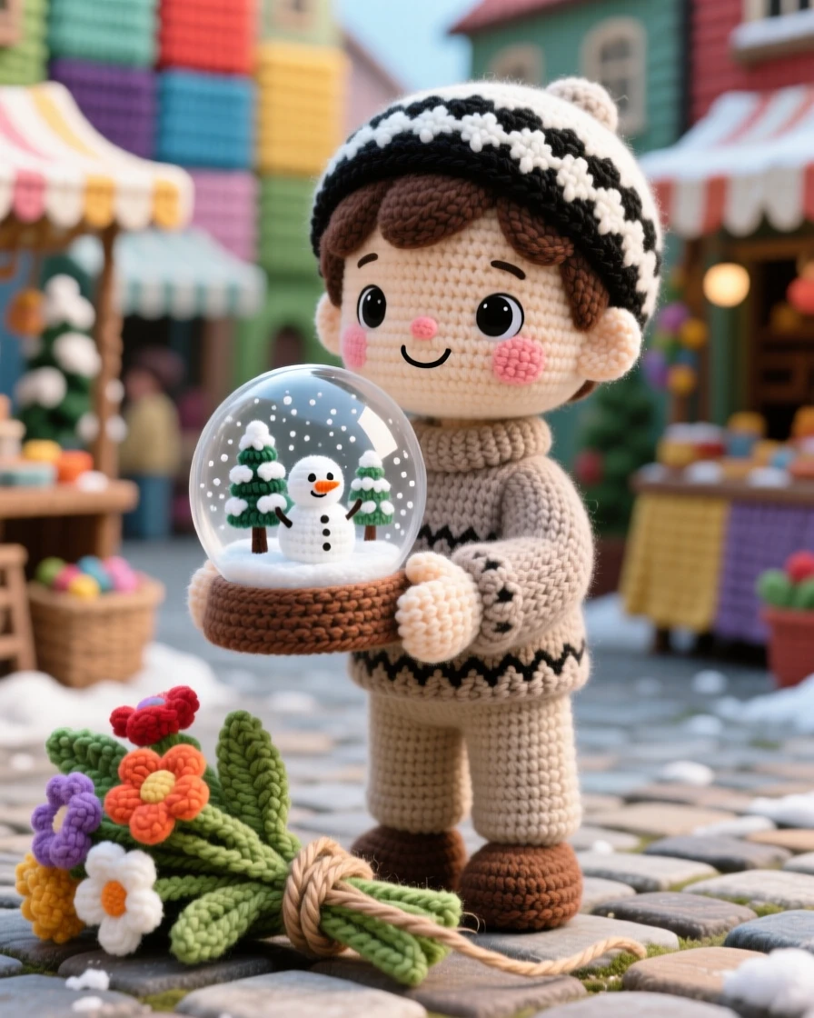 a small boy snow globe maker, with delicate glass in careful hands, is captured assembling a tiny winter scene inside a globe in a bustling small-town market square beside a bundle of fresh flowers tied with twine, radiating bright-eyed enthusiasm for a beloved craft.