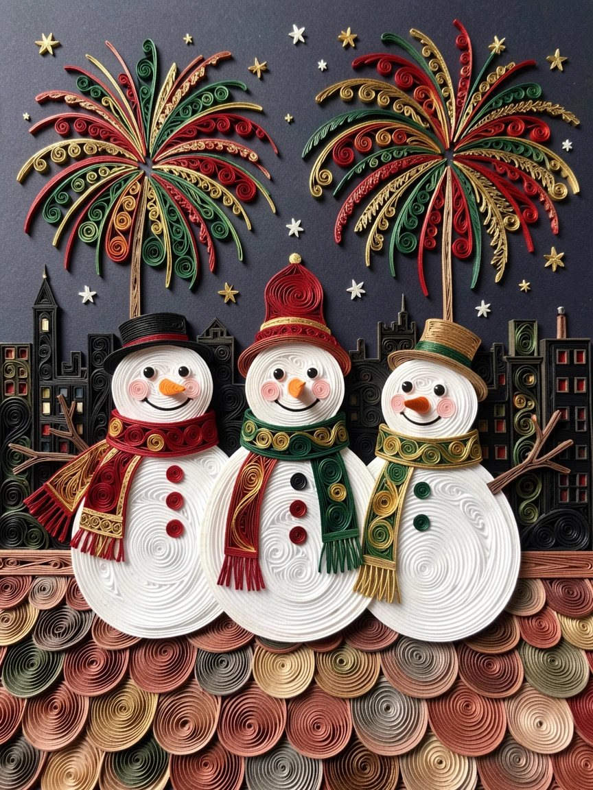 A festive holiday scene of a family of snowmen wearing colorful scarves on a rooftop overlooking a fireworks-lit skyline, in classic holiday tones of red, green, and gold, shown from a warm, intimate close-up perspective.