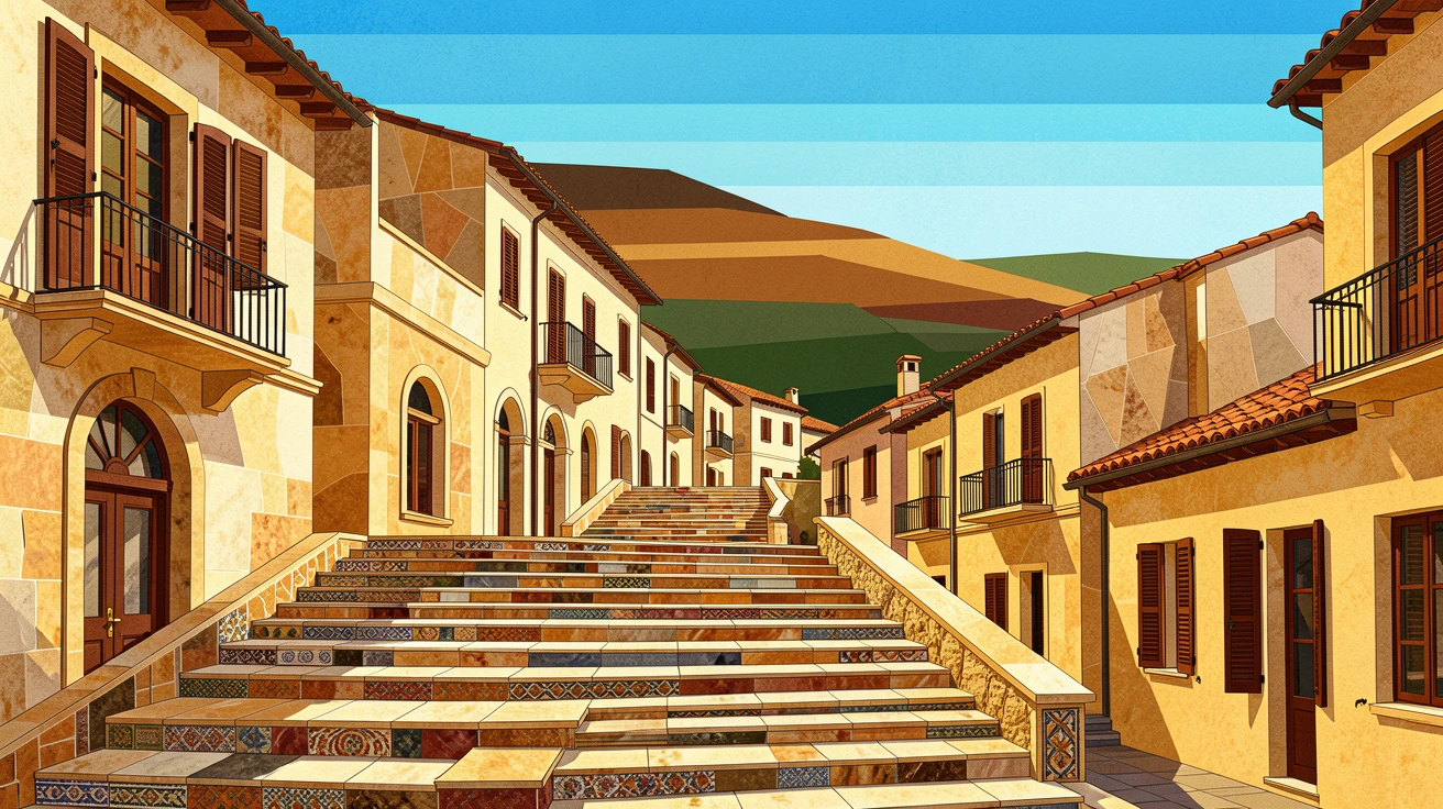 A breathtaking wide-angle view of the ancient library steps of a Mediterranean hillside town, with rich warm lighting and fine architectural detail.