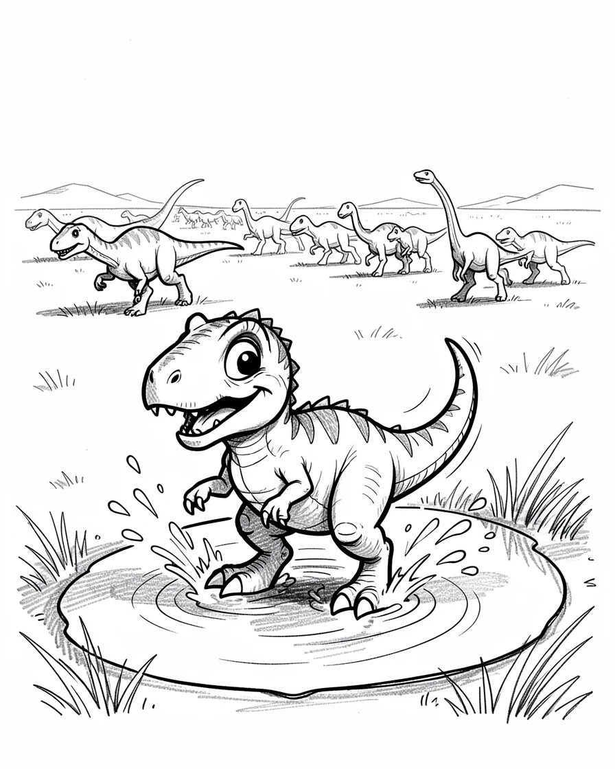 A young dinosaur splashing in a puddle beside a herd crossing a plain.