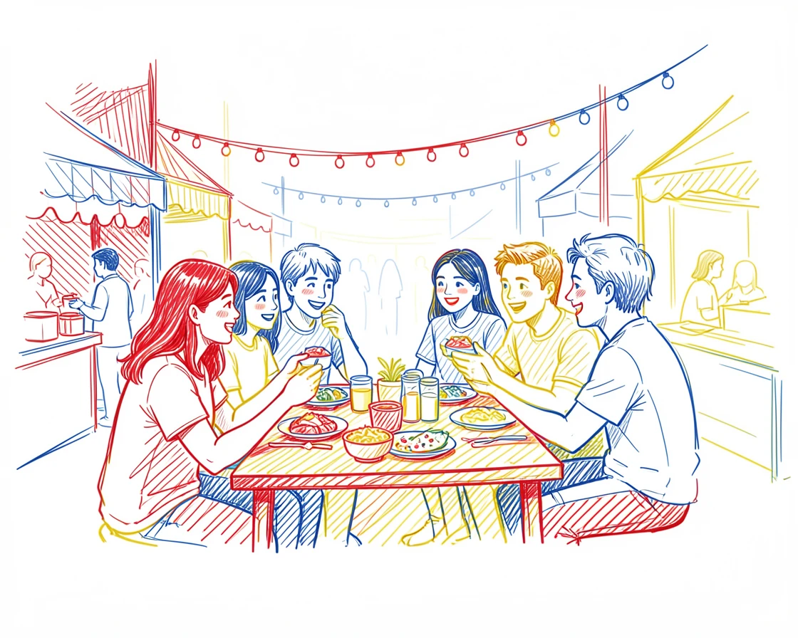 A group of friends sharing street food at a bustling night market