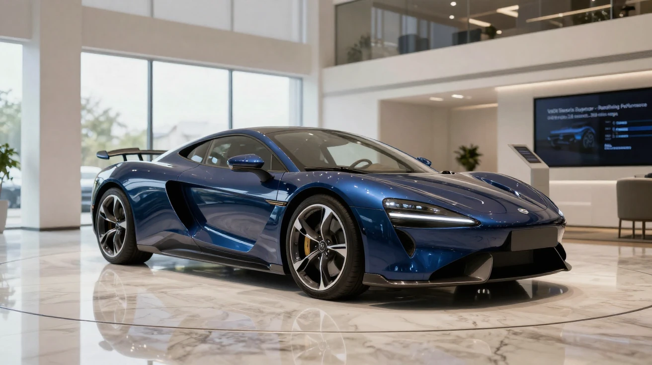 A sleek electric supercar on display in a showroom