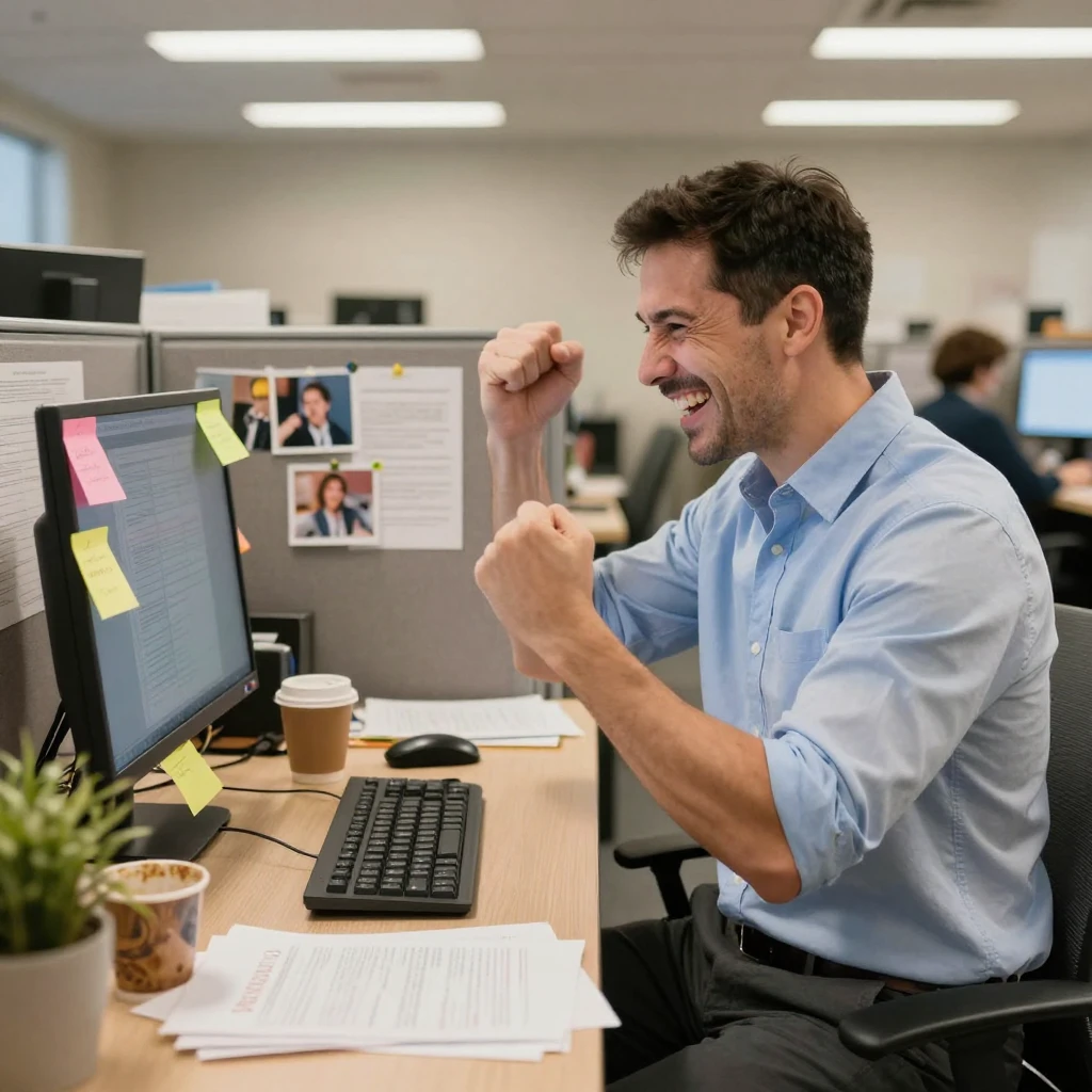 An office worker celebrates a small win with a fist pump at a cluttered cubicle desk.