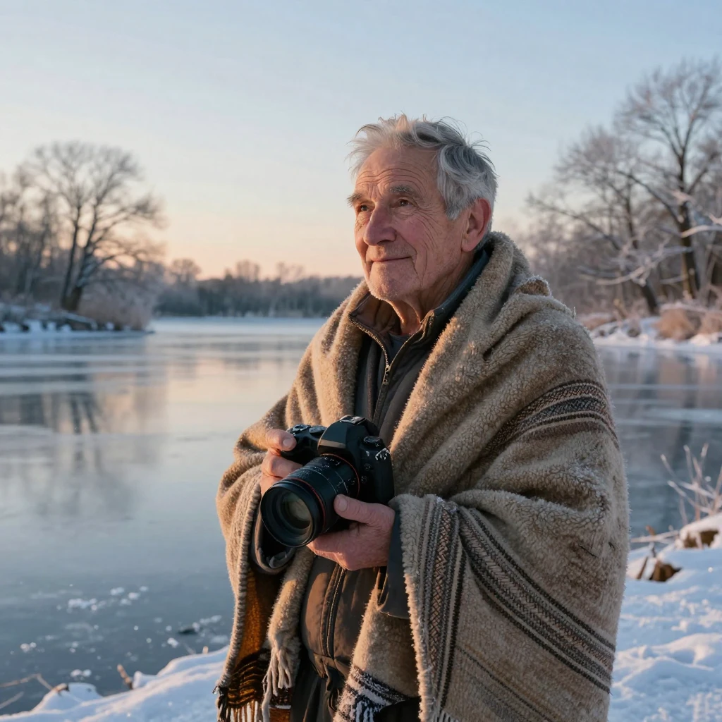 An elderly farmer wrapped in a thick woolen blanket beside a frozen lake in winter, a gentle smile crossing their face