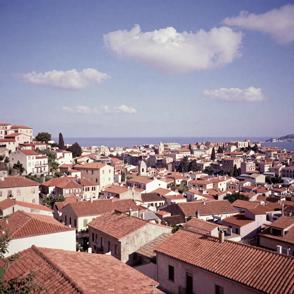 A hillside city view with terracotta rooftops stretching to the sea, under harsh midday sun, under scattered clouds, as summer fades into fall, in dusty lavender and rose tones, from a wide establishing view.