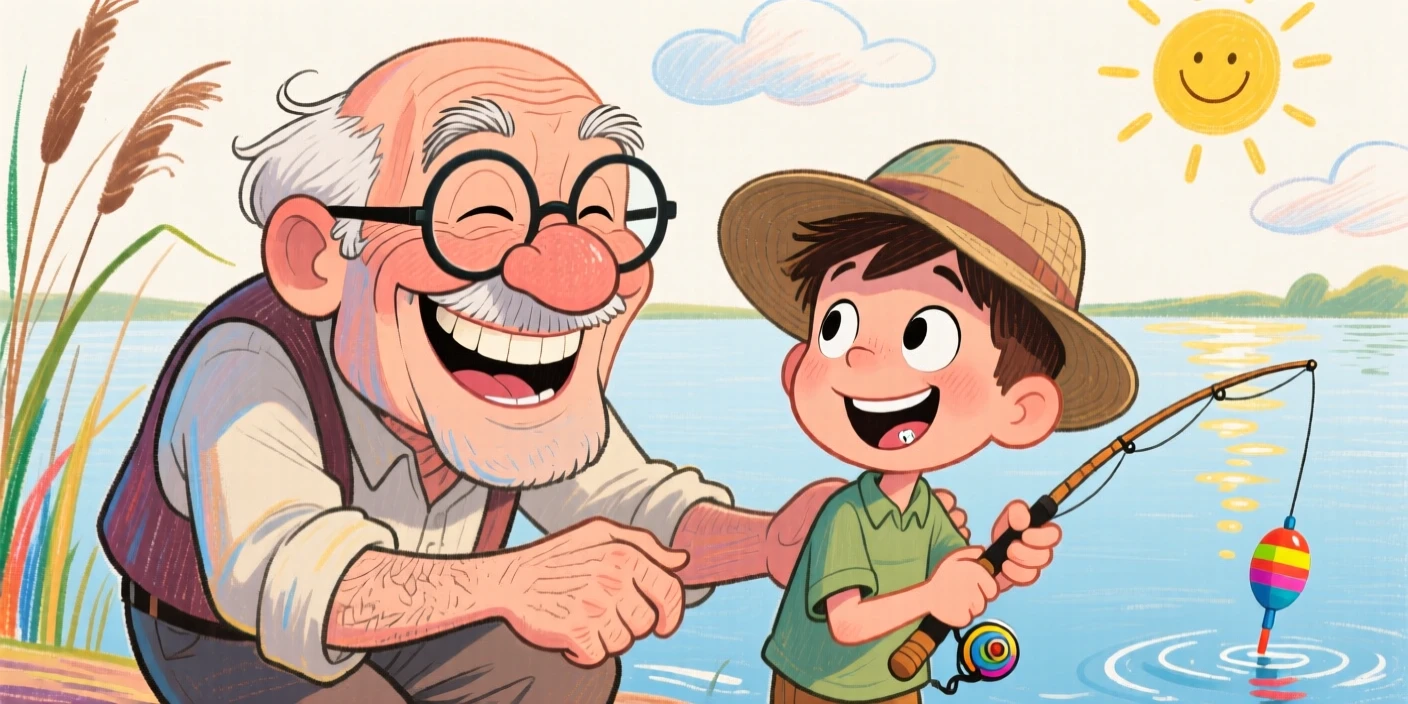 A grandfather teaching his grandson to fish at the edge of a quiet lake.