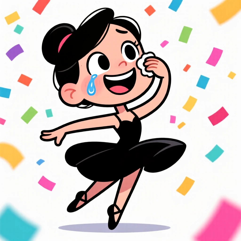 A charming portrait of a graceful dancer, wiping away a happy tear while smiling, with confetti fluttering in the air around them.