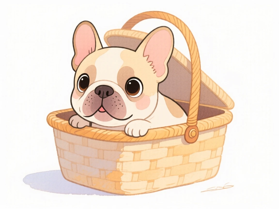 A tiny french bulldog poking its nose out of a picnic basket