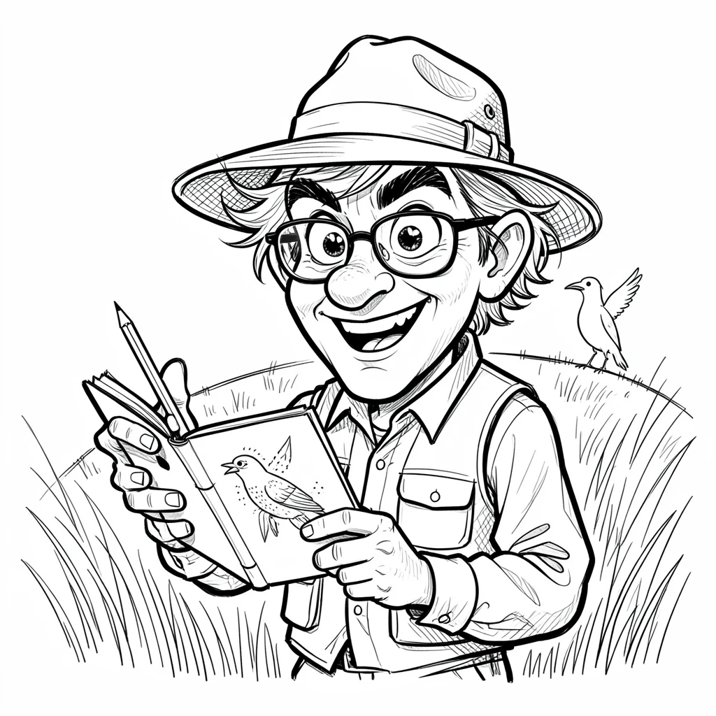 [Occupations & Hobbies] Detailed scene of an enthusiastic birder sketching a rare bird in a field notebook, showcasing skill and dedication