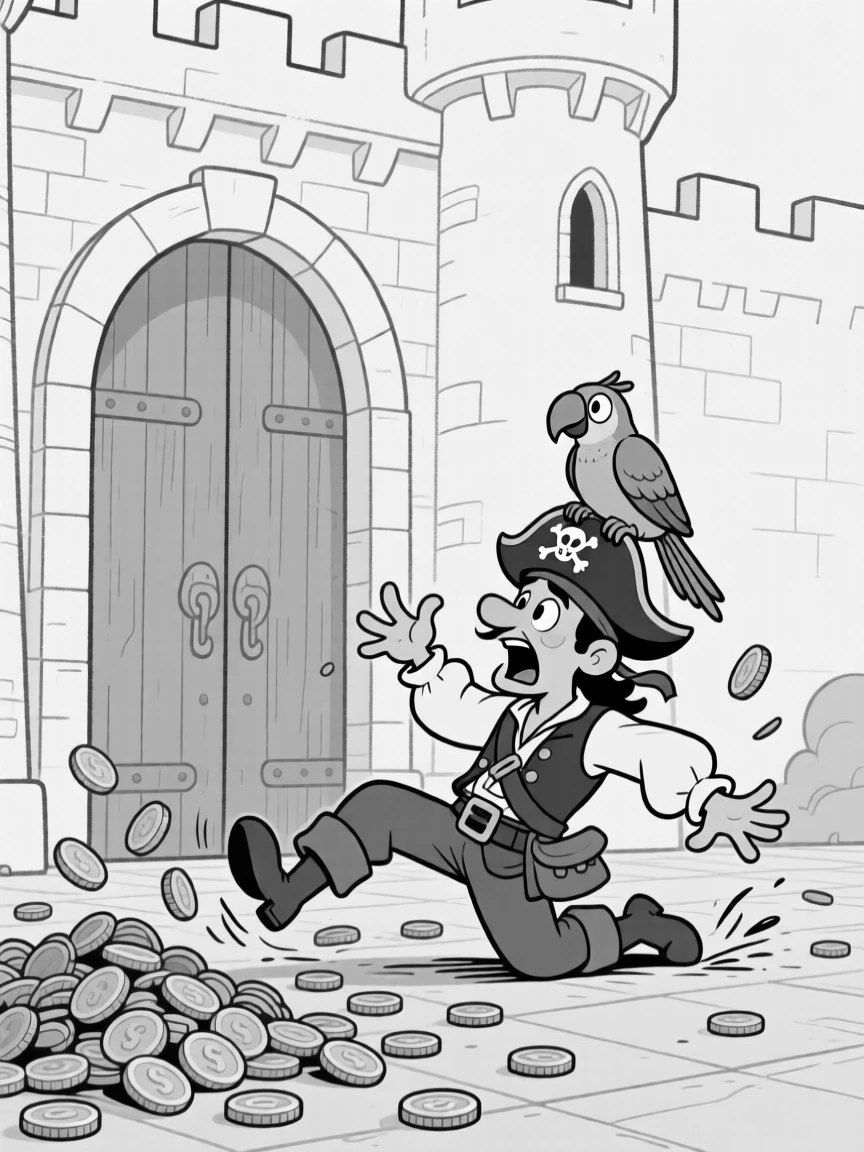 A pirate captain arguing with a talking parrot, faceplanting dramatically in front of the castle gate, set before towering castle gates. A pile of gold coins spills comically across the floor. There's a cozy, storybook warmth to the whole image.