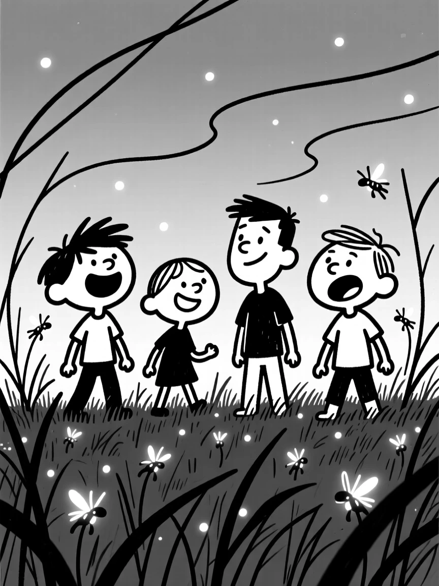 A firefly-lit meadow at dusk, tiny glowing lights dotting the tall grass.