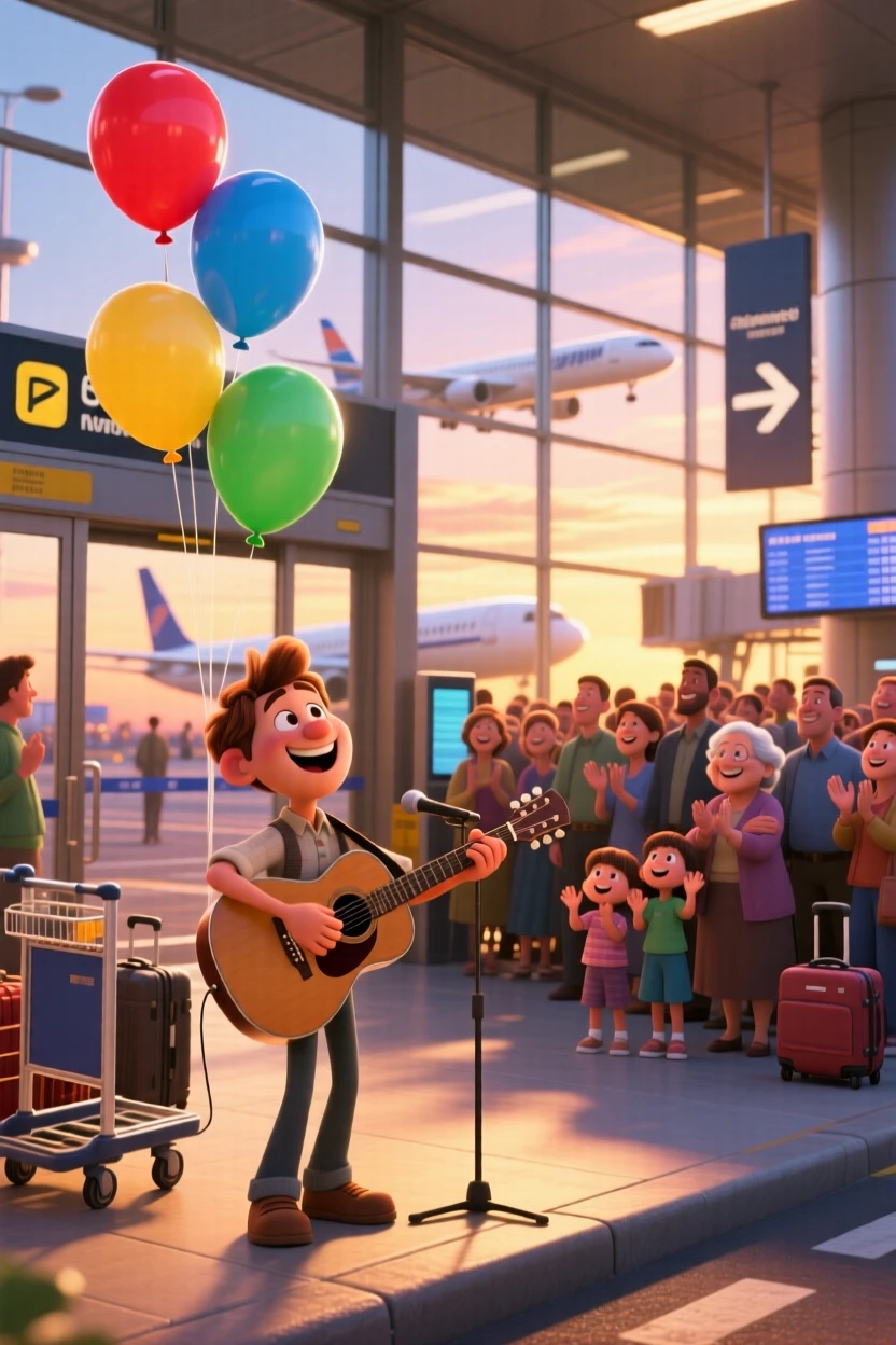 A musician playing joyfully on a street corner unfolds at a bustling airport arrivals gate, with balloons floating gently upward. A wave of relief and celebration washes over everyone present.