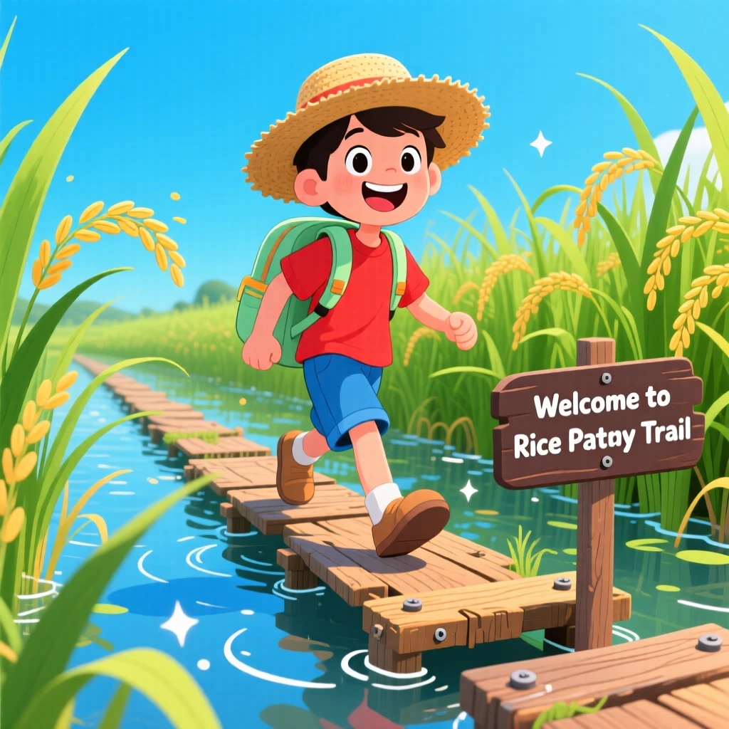 A traveler crossing a rice paddy on a narrow wooden path.