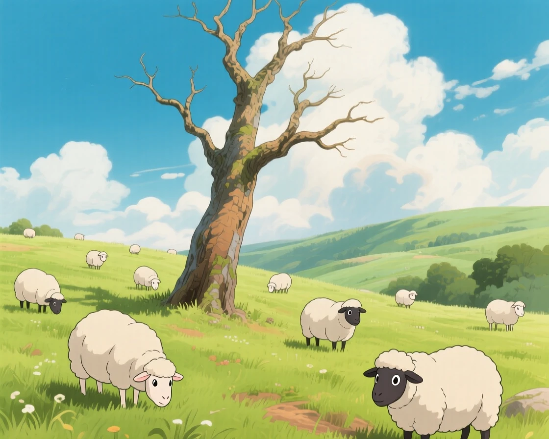 A breathtaking view of a meadow dotted with grazing sheep, with a lone weathered tree standing at its center, under a sky full of drifting clouds, framed with a wide panoramic view.