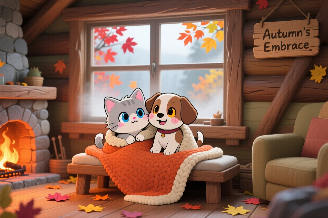 A cat and dog pair sharing a soft blanket by the fire in a rustic cabin living room with autumn leaves swirling around; diffused overcast light washes over the scene as triumphant pride fills the moment. Framed through a window.