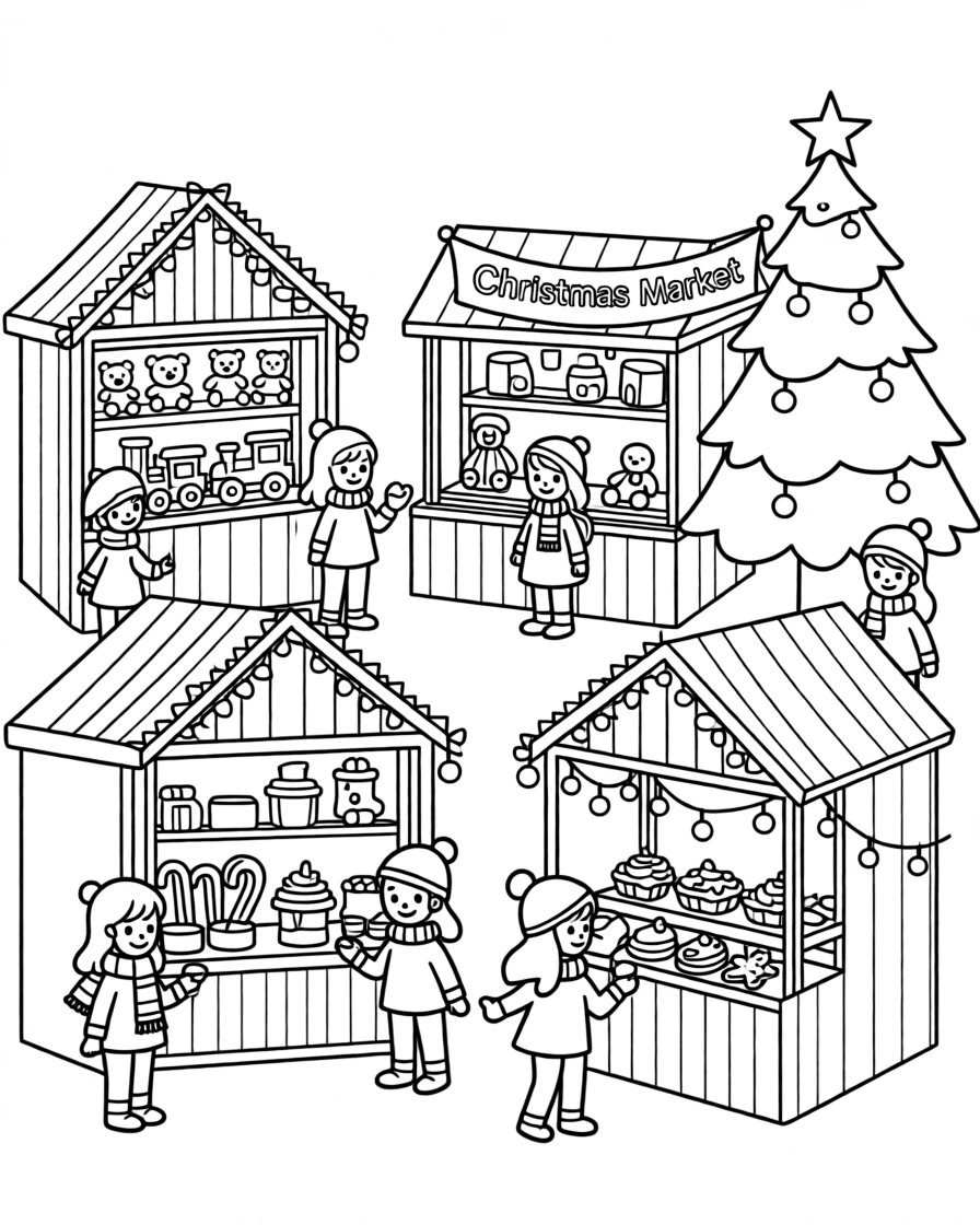 A Christmas market with stalls selling toys and treats