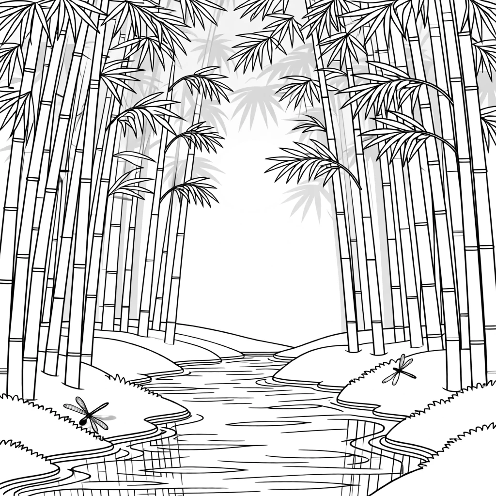 A bamboo forest with light filtering between the stalks, with reflections shimmering on the water's surface.