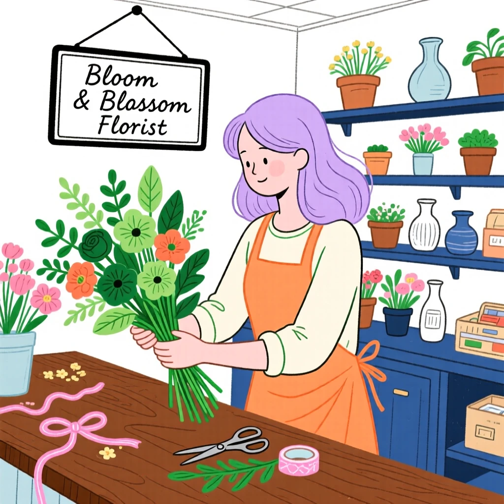 A florist arranging a bouquet in a small flower shop.