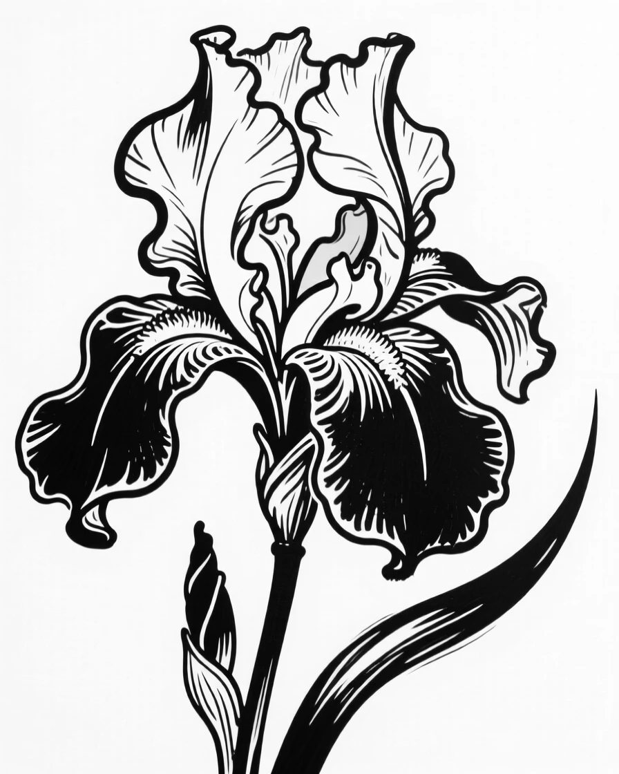 A single iris flower with intricate ruffled purple petals.