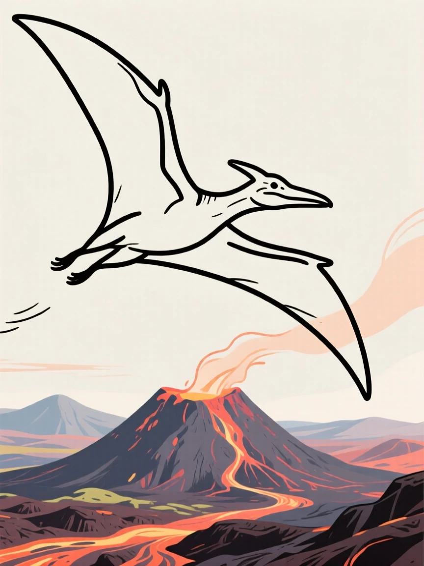 A Pterodactyl soaring above a volcanic prehistoric landscape.