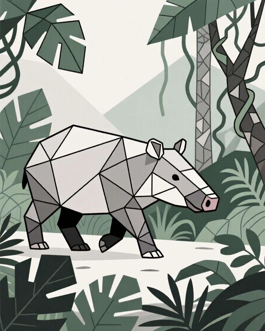 A tapir walking through dense jungle foliage
