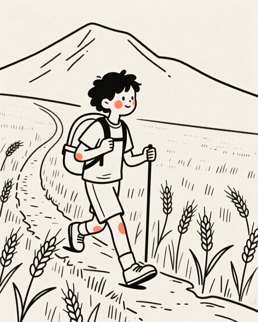 A teenager of Jamaican heritage hiking a mountain trail with a backpack, in a wheat field at harvest.