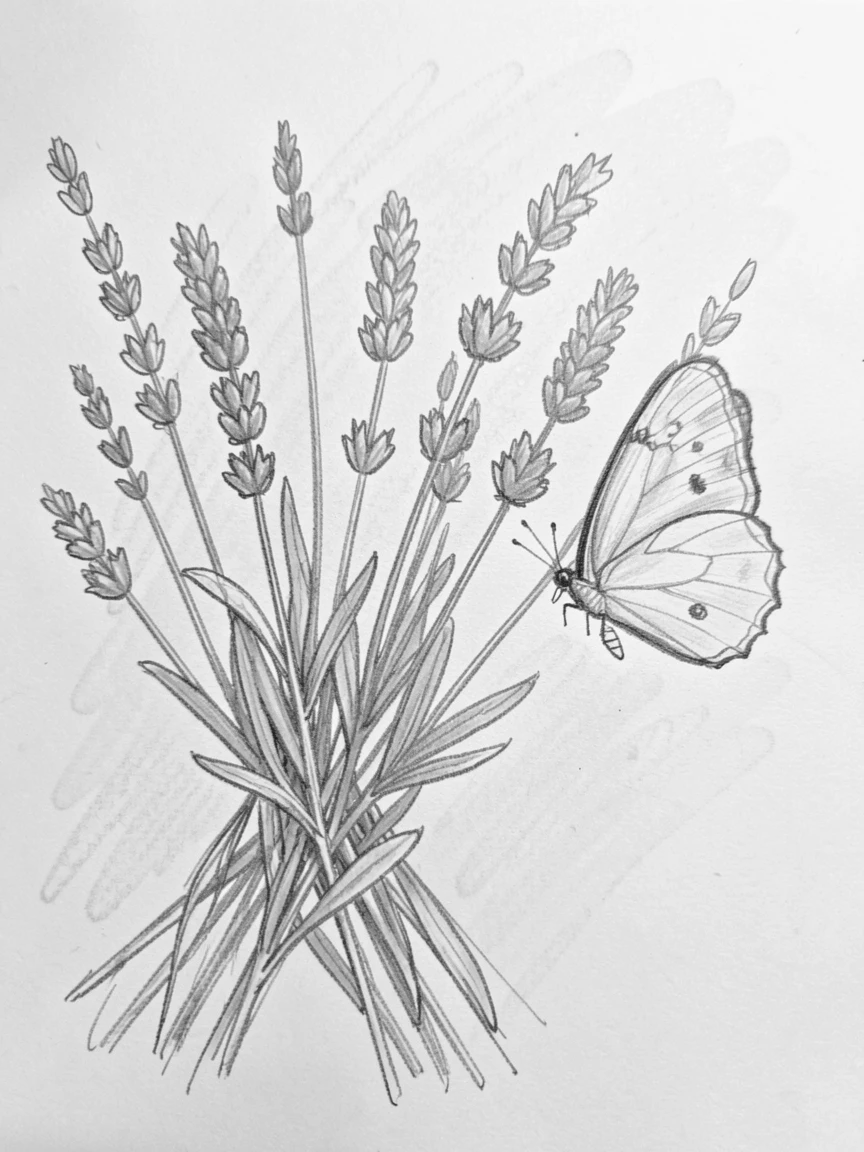 A close-up still life of a bunch of dried lavender against a soft pastel backdrop, with a butterfly resting nearby.