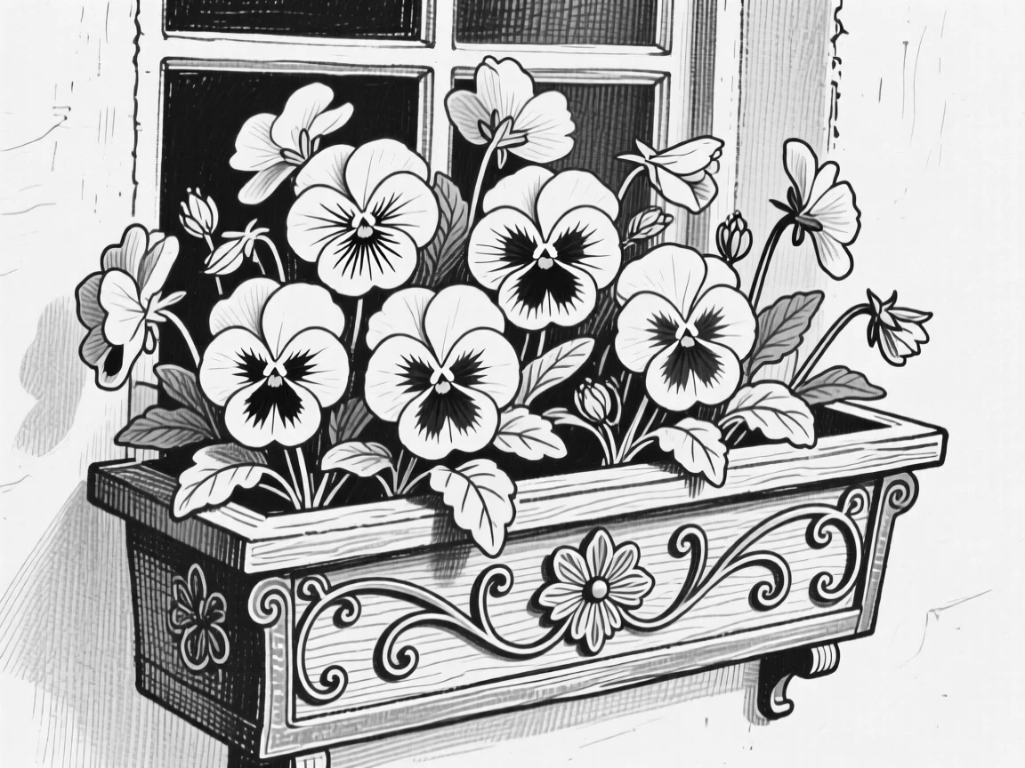 A cluster of pansies arranged in a decorative window box.