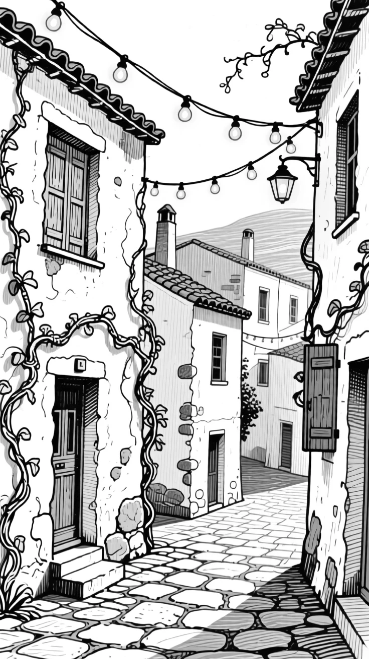 A greek village of whitewashed buildings beneath strings of hanging lights, featuring climbing vines softening the stonework, rendered in a warmly nostalgic architectural composition.