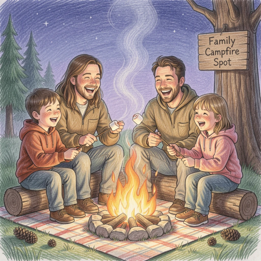 A family gathered around a campfire making s'mores, full of genuine laughter and playful energy, celebrating the simple magic of everyday family moments.