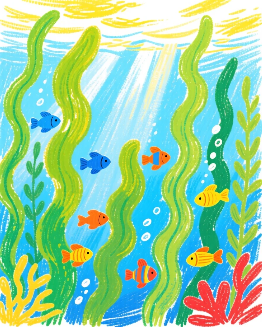 Sunlight streaming down through a kelp forest teeming with fish.