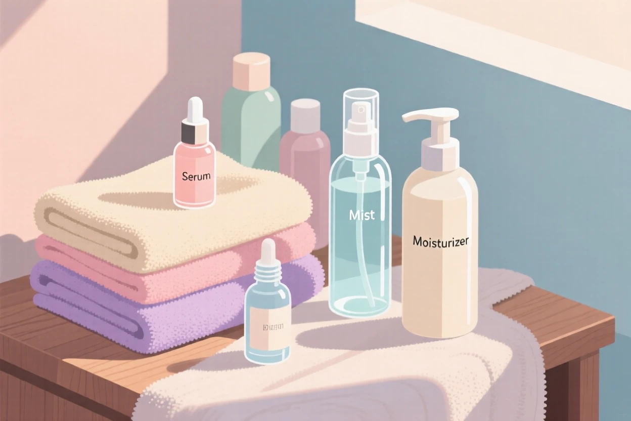 A skincare routine laid out with soft towels and glass bottles, arranged in a cozy corner filled with soft textures, composed with soft natural light falling diagonally across the scene, with gentle pastel tones evoking calm and comfort.