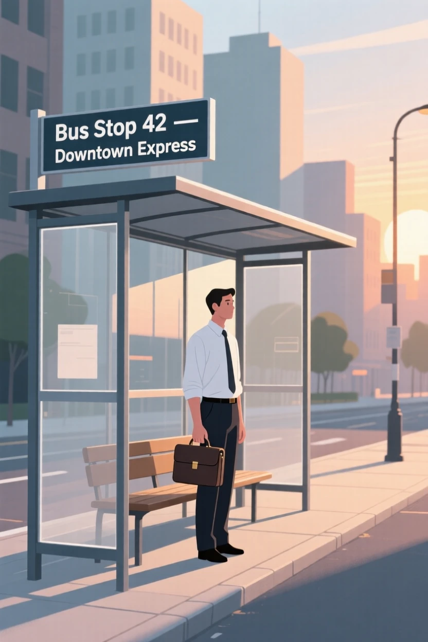 An office worker waiting at a bus stop on a quiet summer evening in the city.