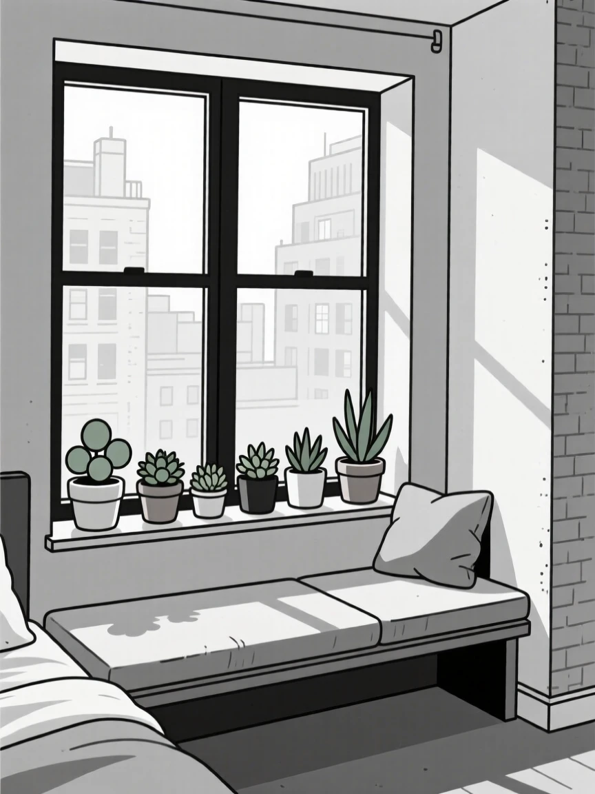 A cozy bedroom window seat filled with potted succulents, set in a small city loft, evoking simple contentment.