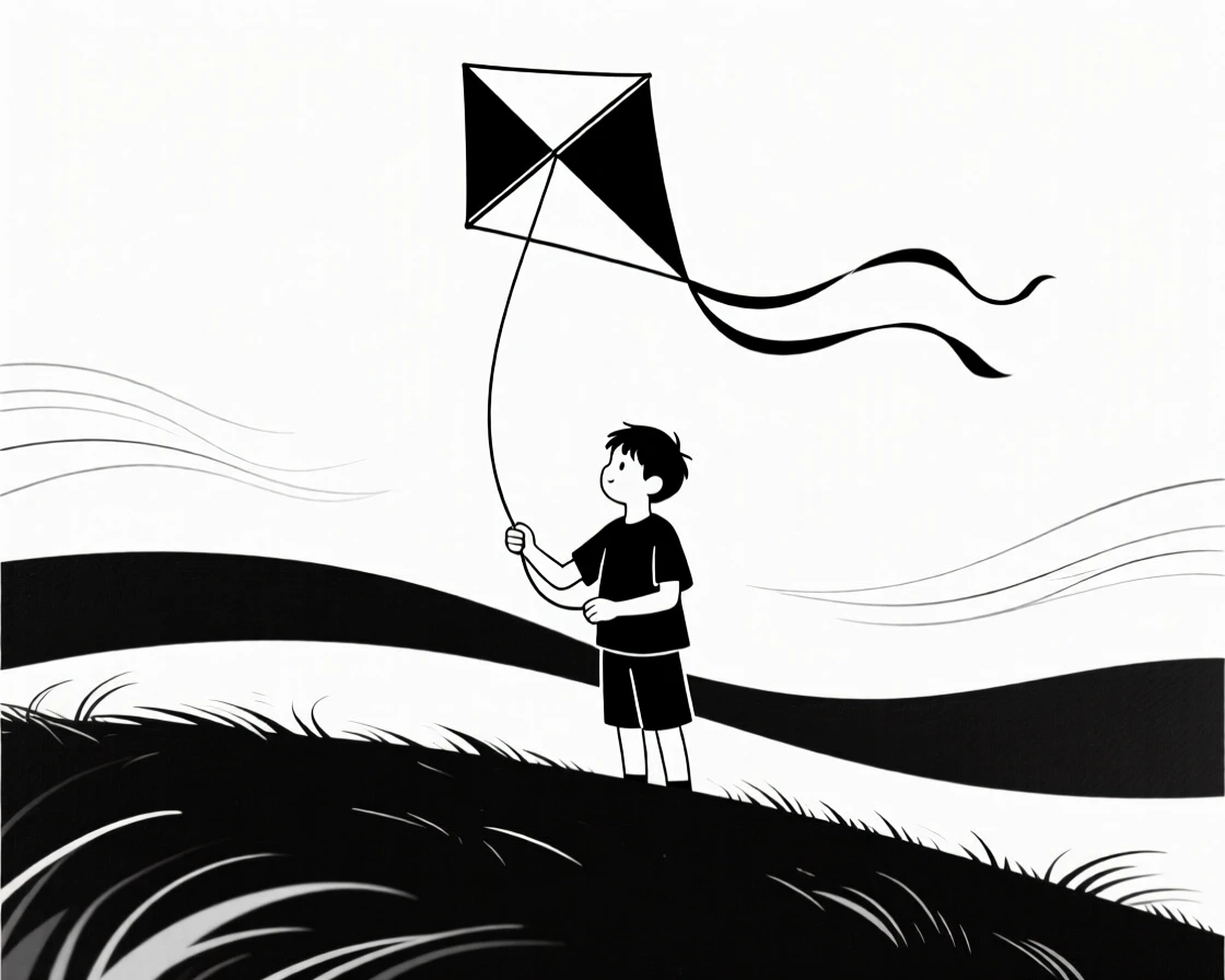 A young boy flying a kite on a windy hill.