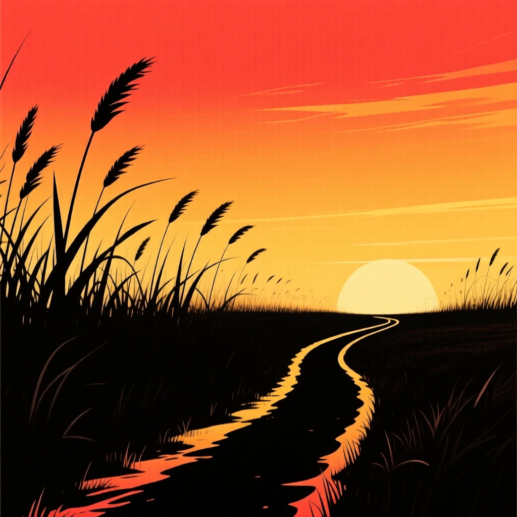 A wide-open field of tall grass with a single winding path cutting through it.