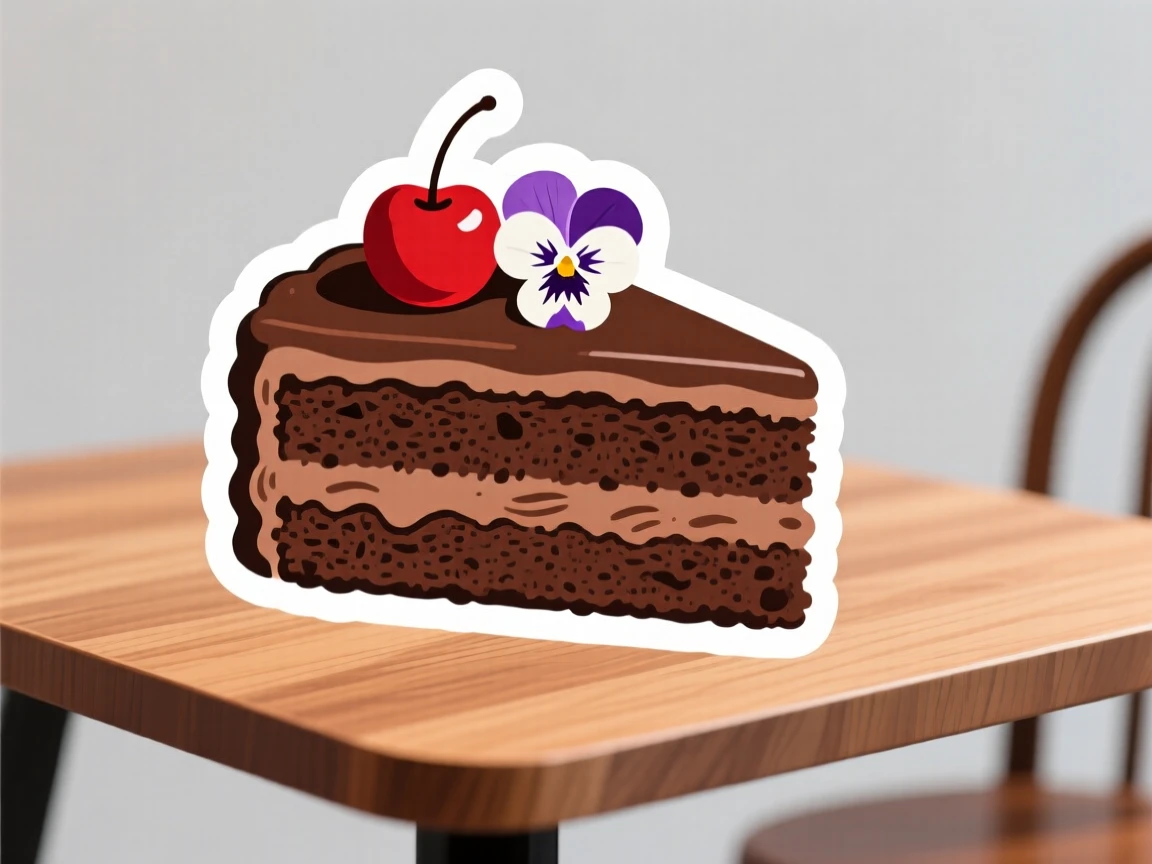 A fresh and juicy slice of chocolate cake with a cherry on top, topped with a single edible flower, on a cozy café table.