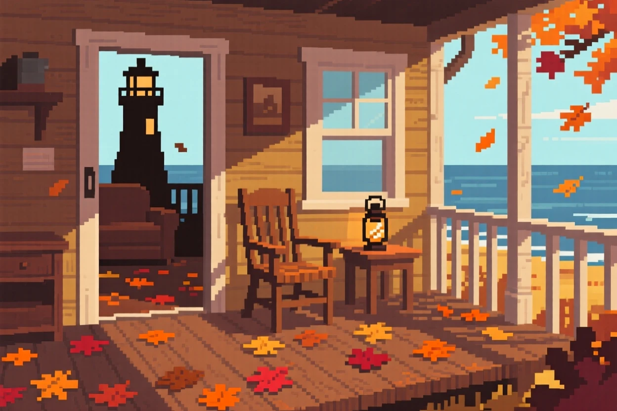 A cabin porch scattered with autumn leaves blown in from outside, within a lighthouse keeper's living room.