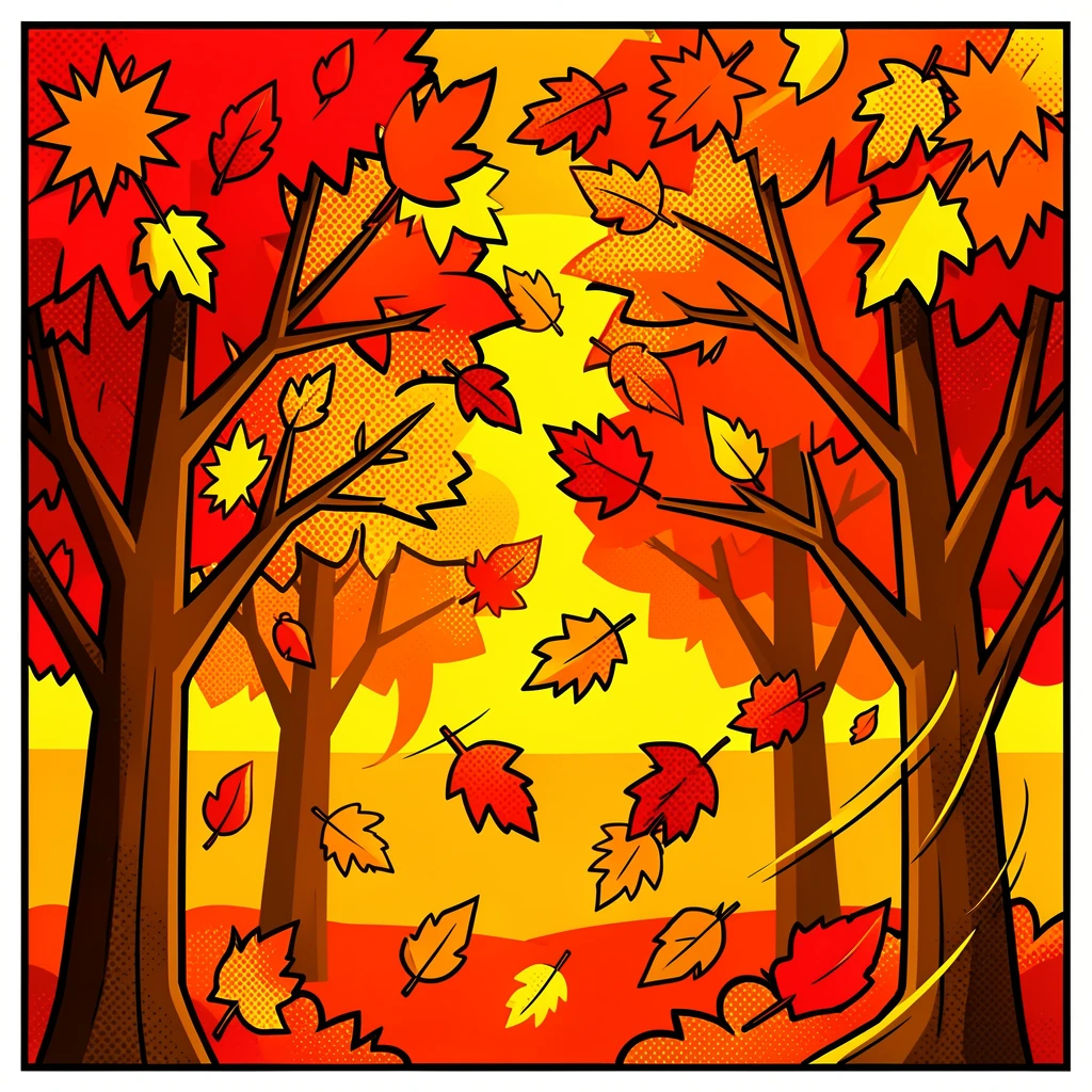 An autumn forest ablaze with falling leaves
