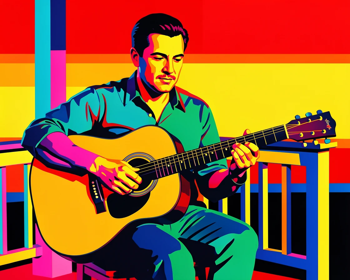 Man playing guitar on a porch at sunset