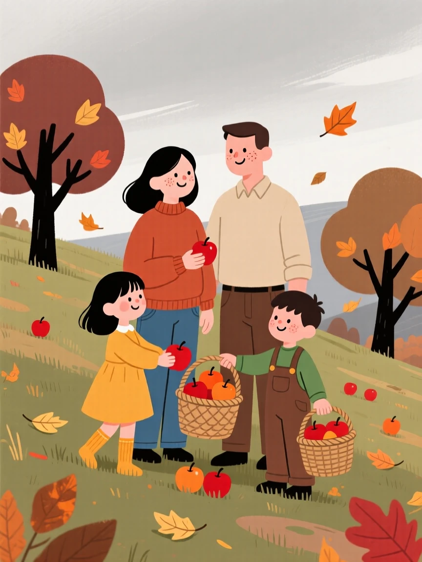 A family gathers apples in a hillside farm as the first falling leaves drift down around them under a overcast gray sky.