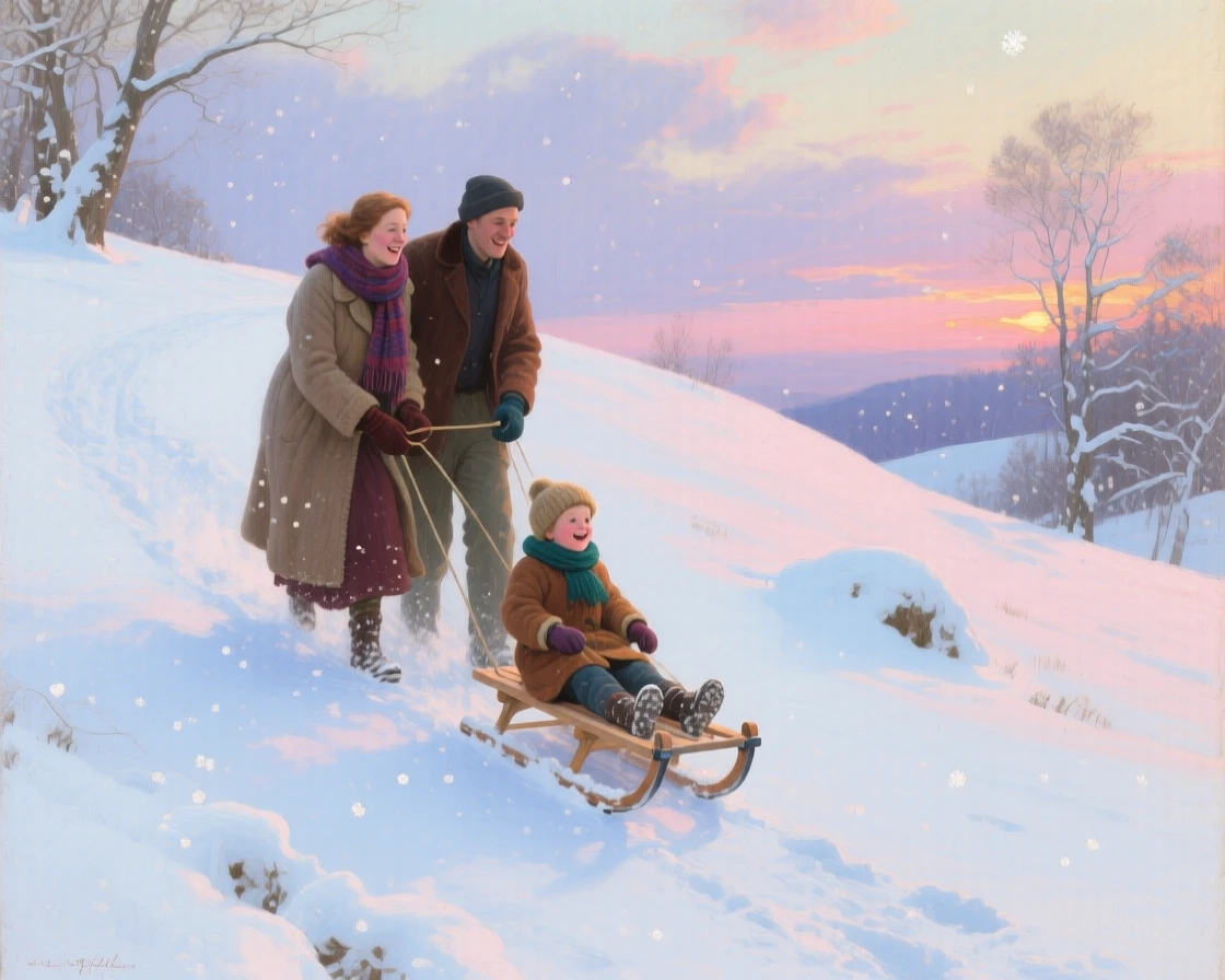 A balanced composition of a family sledding down a snowy hillside, under a fresh blanket of winter snow, in the last light of sunset.